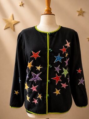 Indigo Moon Embroidered Star Jacket Black Linen Blend Artsy Large